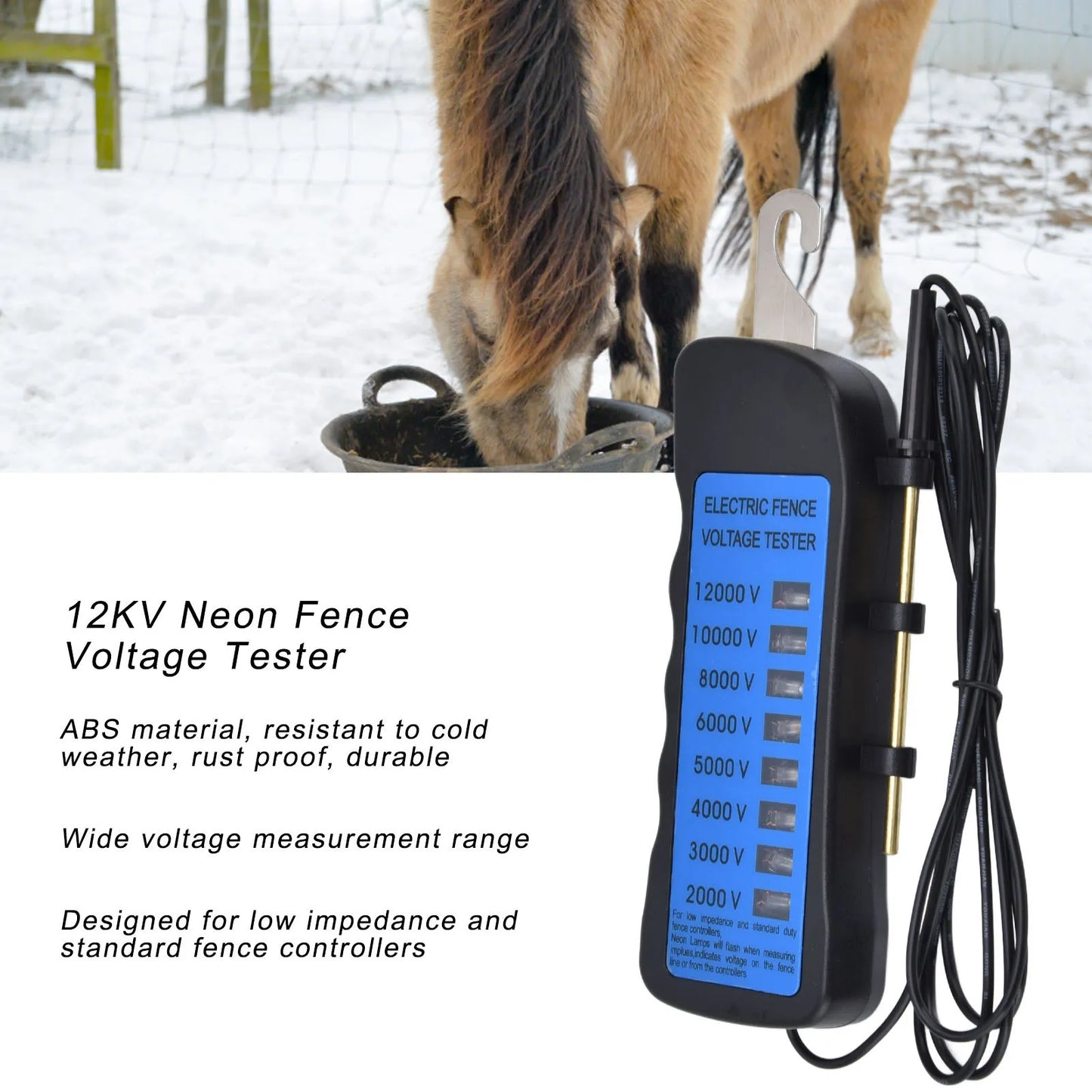 12KV Neon Fence Voltage Tester 2000 to 12000V 8 Neon Indicator Lights Waterproof Fence Tester for Farms Waterproof Fence Tester